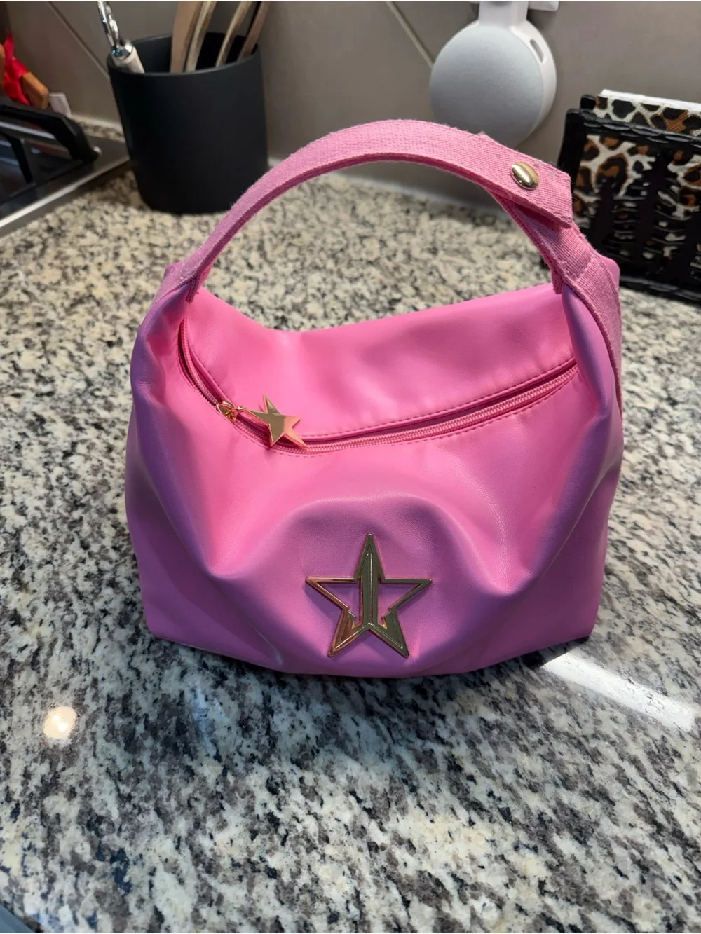 Jeffree Star Pink Cosmetic Handle Bag with Gold Star Accent